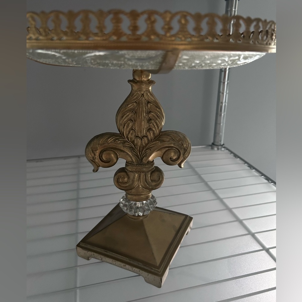 Elegant Decorative Gold Dessert Stand with Inlaid Crystal Glass Plate-Rare